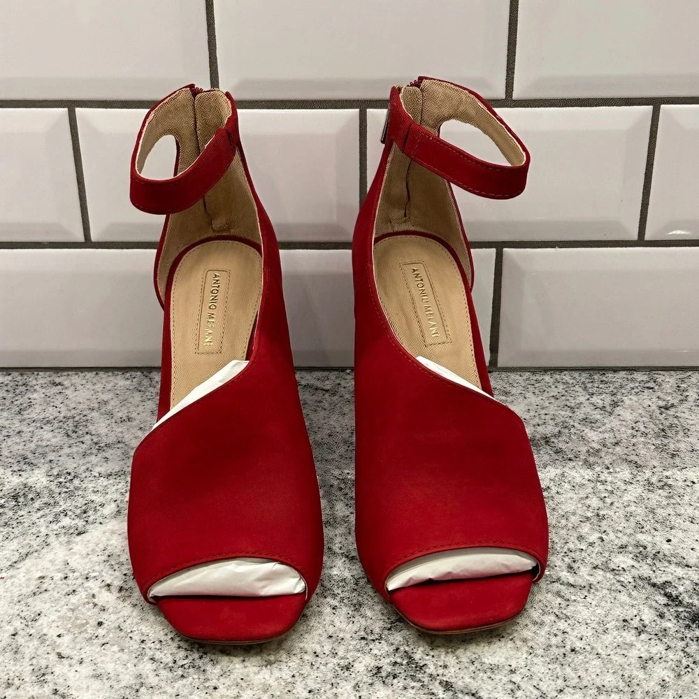 Antonio Melani Womens 7M Ehren Heels Red Rouge Suede Peep Toe Block Zip Glam
